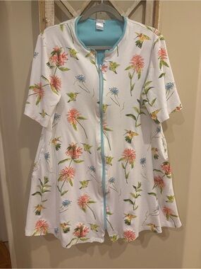 Pima Cotton Zip-Front Nightshirt Robe Gown Housecoat with floral bird Print